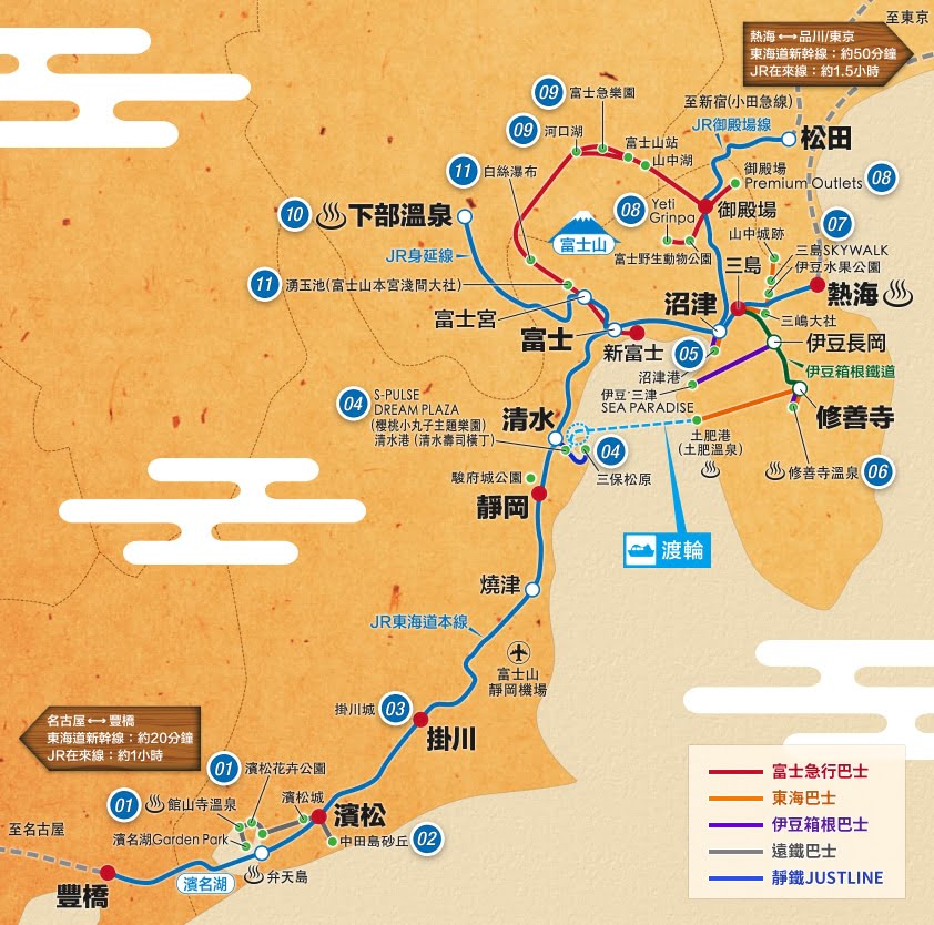 JR：富士山、靜岡地區周遊券路線圖